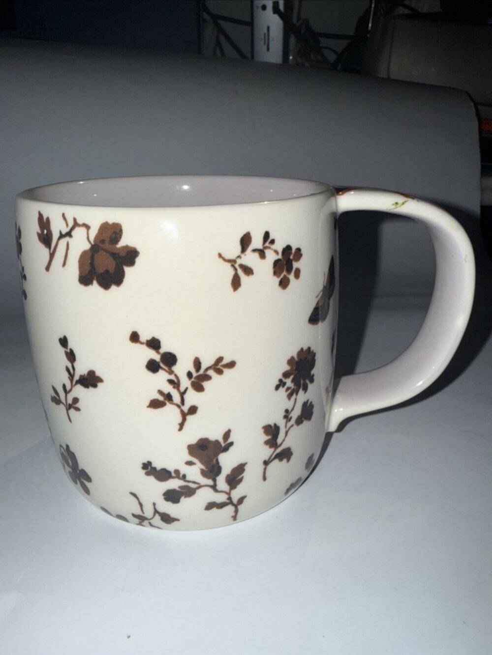 ANTHROPOLOGIE Monarch Mug Brown Floral Bugs Flowers Ceramic Coffee Tea Cup